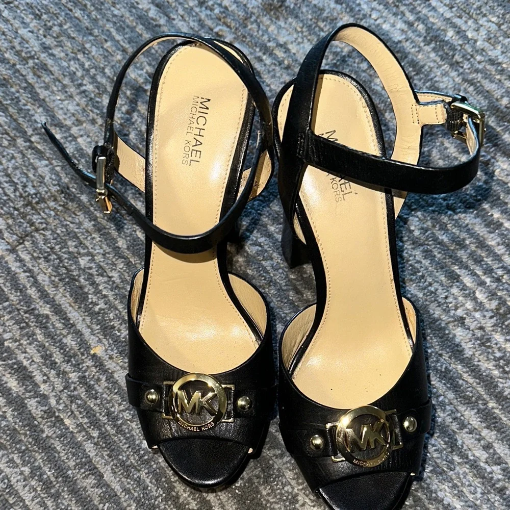 Michael Kors Black Heels with Gold MK Detail - Picture 3 of 7